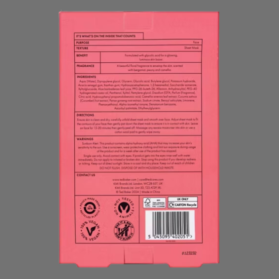 Ted Baker Peony & Camellia Glowing Face Masks 3x26g Ted Baker Peony & Camellia Glowing Face Masks 3x26g